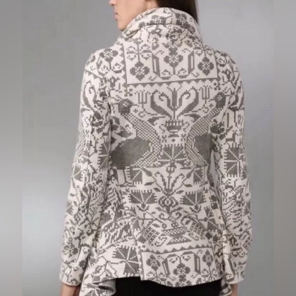 RARE Free People Cream & Black Bird Print Wide Lapel Fitted Cardigan Jacket S - Picture 2 of 8